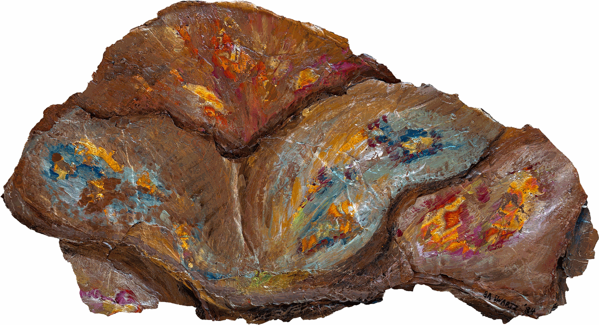 Earth Fragment #22 by Beth Ames Swartz — an irregular fragment of layered paper in scorched earth tones, its folds lit with orange, rose and turquoise and touched with gold leaf.