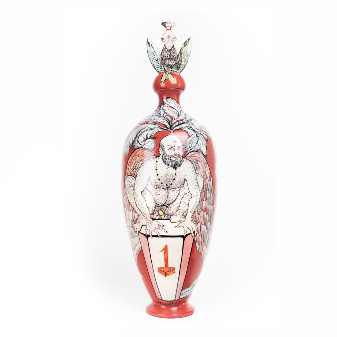 Number 1 by Nina Murashkina — a tall red and white ceramic vessel painted with a winged male figure leaning on a podium marked with the numeral 1, and a mermaid finial on the lid.