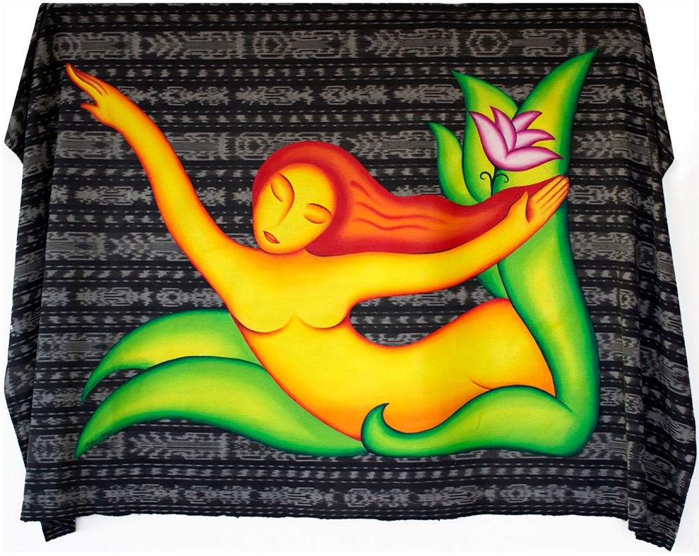Ixchel, Goddess of Renewal by Andrea Arroyo — mixed media on canvas integrated with a handwoven mid-century Guatemalan corte.