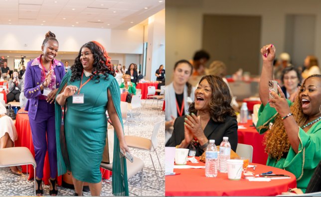Two attendees talking between sessions at a past Power Up conference