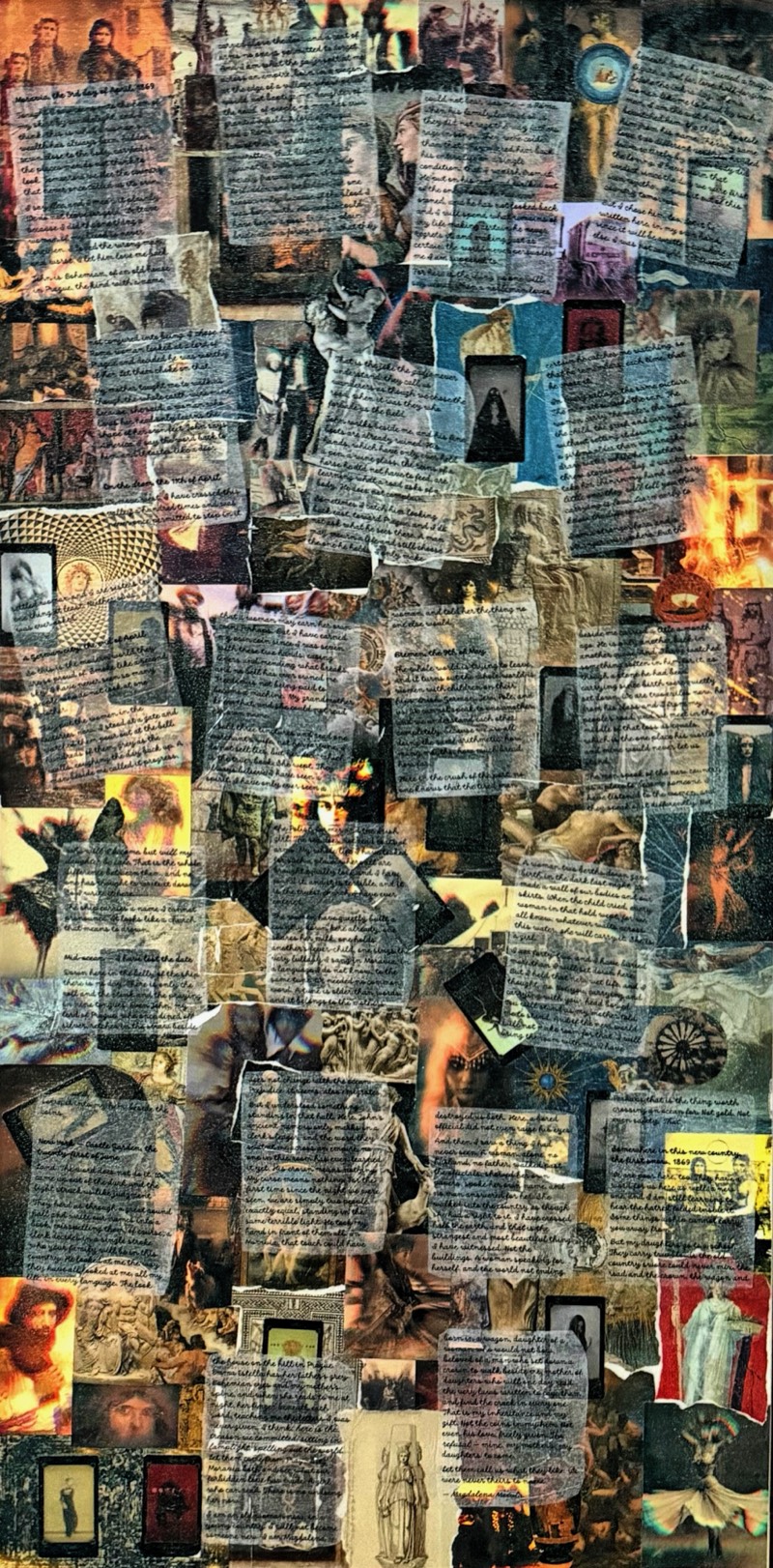 A tall mixed-media collage by Heather Florio — handwritten diary pages layered over portraits of her ancestors, sacred-feminine and religious imagery, a wagon, a crown, and fire running through the whole surface.