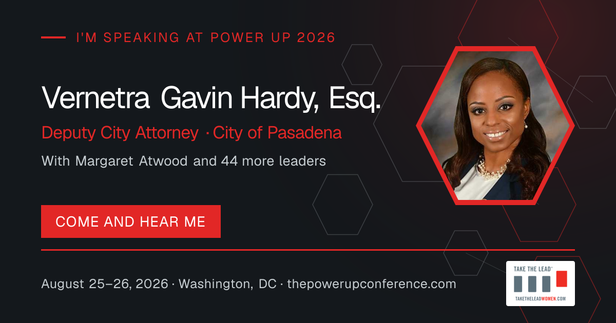 I'm speaking share card for Vernetra Gavin Hardy, Esq. — Power Up 2026