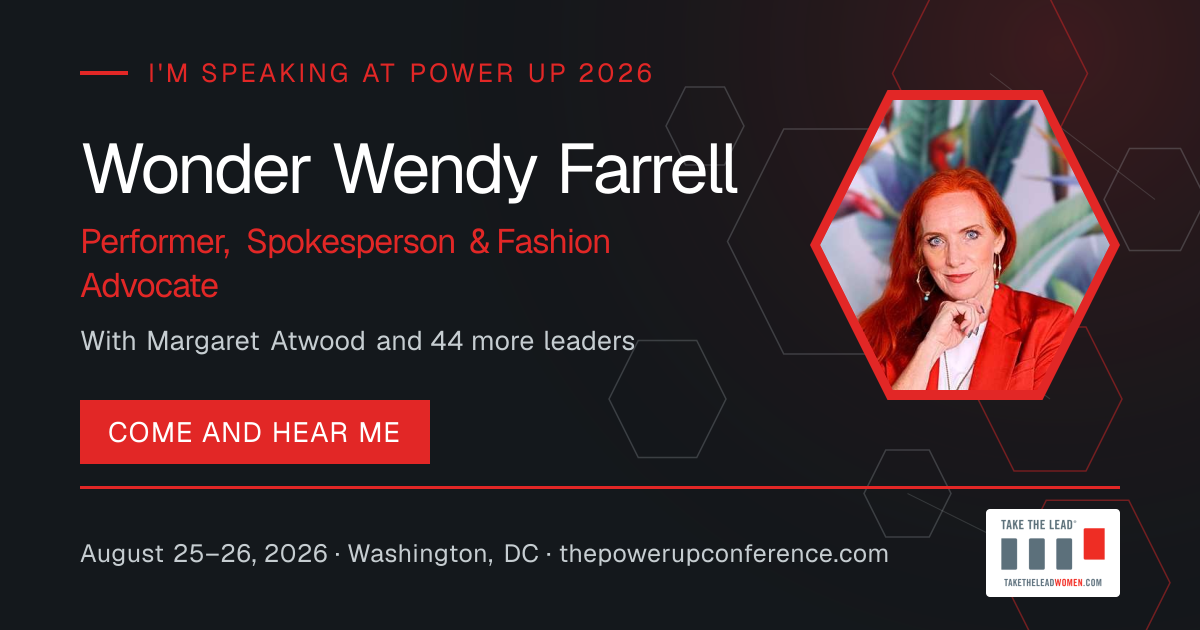 I'm speaking share card for Wonder Wendy Farrell — Power Up 2026